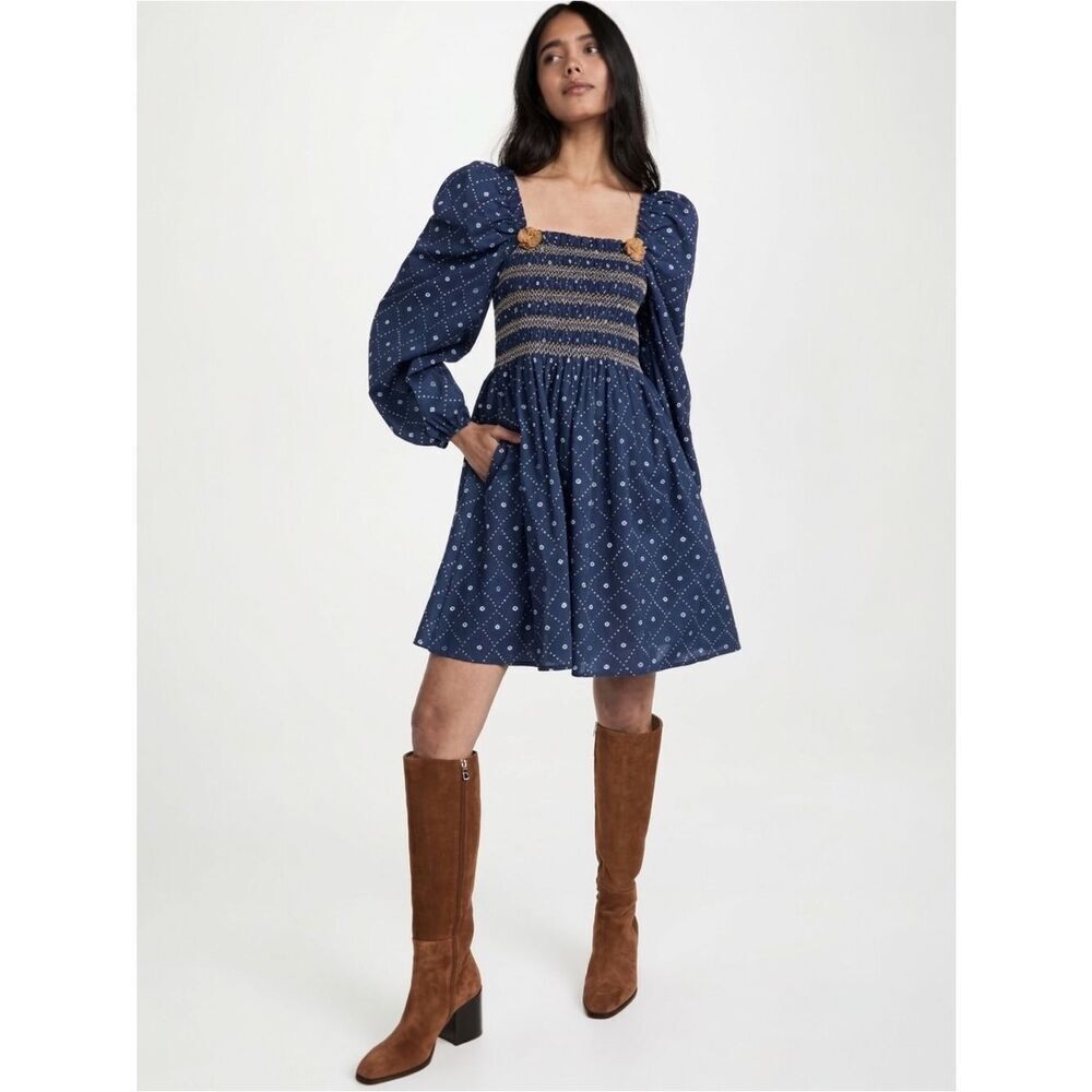 Figue Peony Navy Dot Smocked Boho Mini Dress Puff Sleeve Cottagecore Small